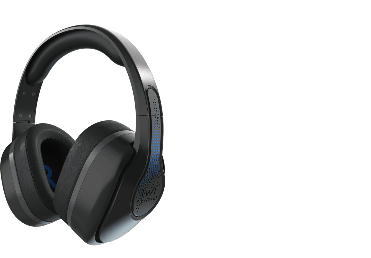 REVO TW340 Wireless Headphones showcase modular ear cushions, 40mm custom drivers, 24mm thick seamless ear cushions, acoustically tuned ear cups, and on-ear push button volume control for superior sound quality.