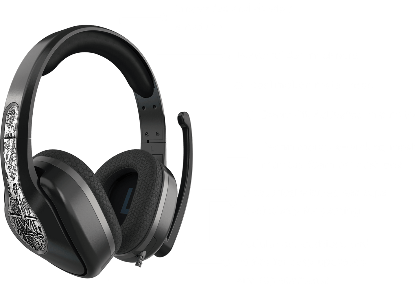 350XG Victory Gaming Headset with TWT Audio's ear cup swivel technology, real molten metal insert, adjustable mic with boom-lift mute, 45mm drivers, 24mm moisture-wicking mesh memory foam ear cushions, and modular design for easy upgrades.