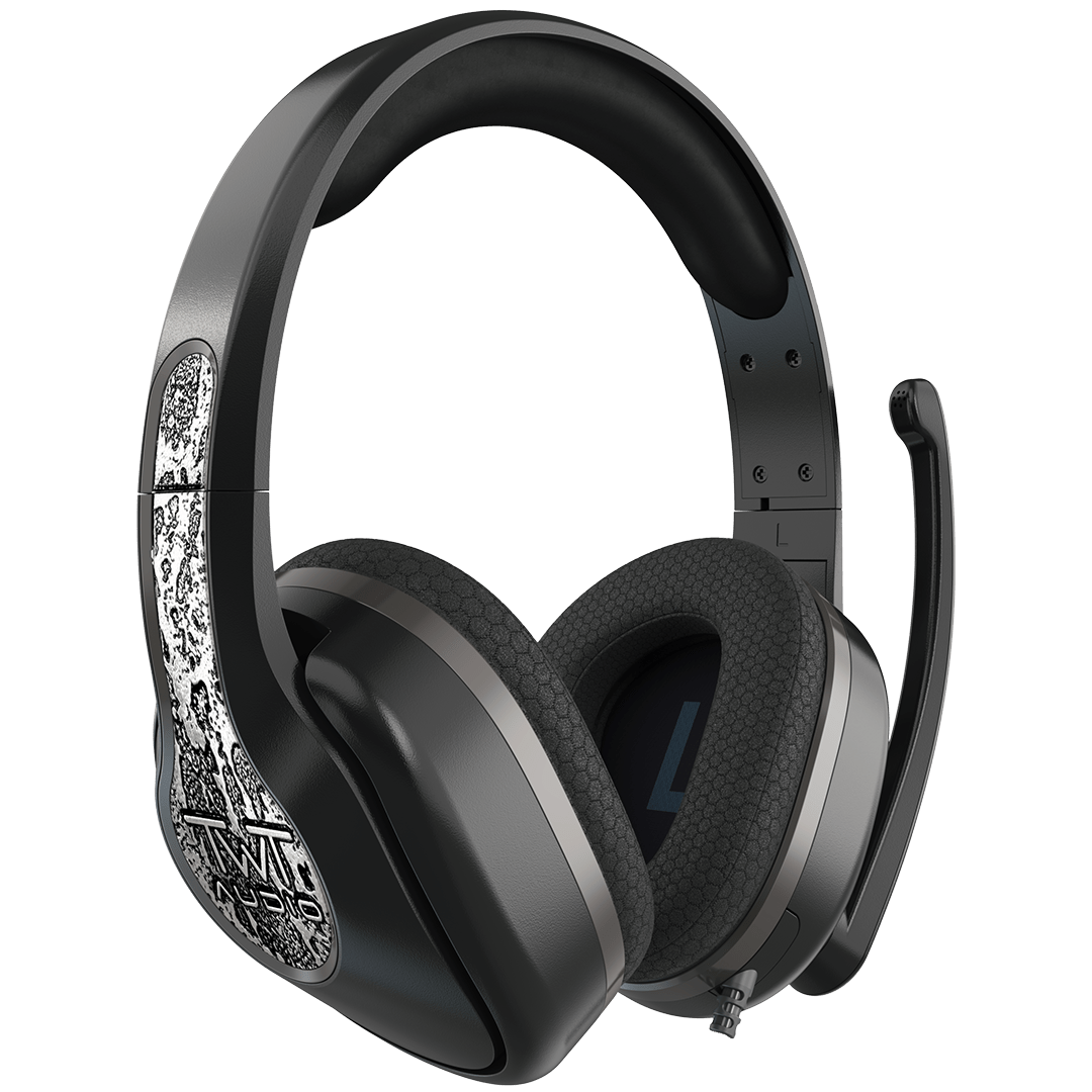 350XG Victory Gaming Headset by TWT Audio featuring real molten metal, TWT Audio’s ear cup swivel technology, over-ear memory foam cushions, and an adjustable noise-reducing omnidirectional microphone.