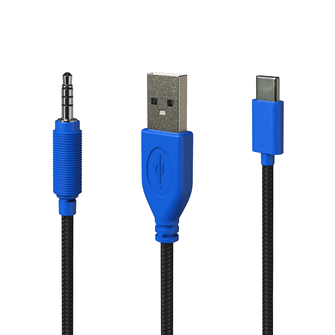 Blue modular REVO cables with Stealth Release™ technology for REVO headphones and headsets, showcasing braided fabric protection, with USB, USB-C, and audio jack connectors.