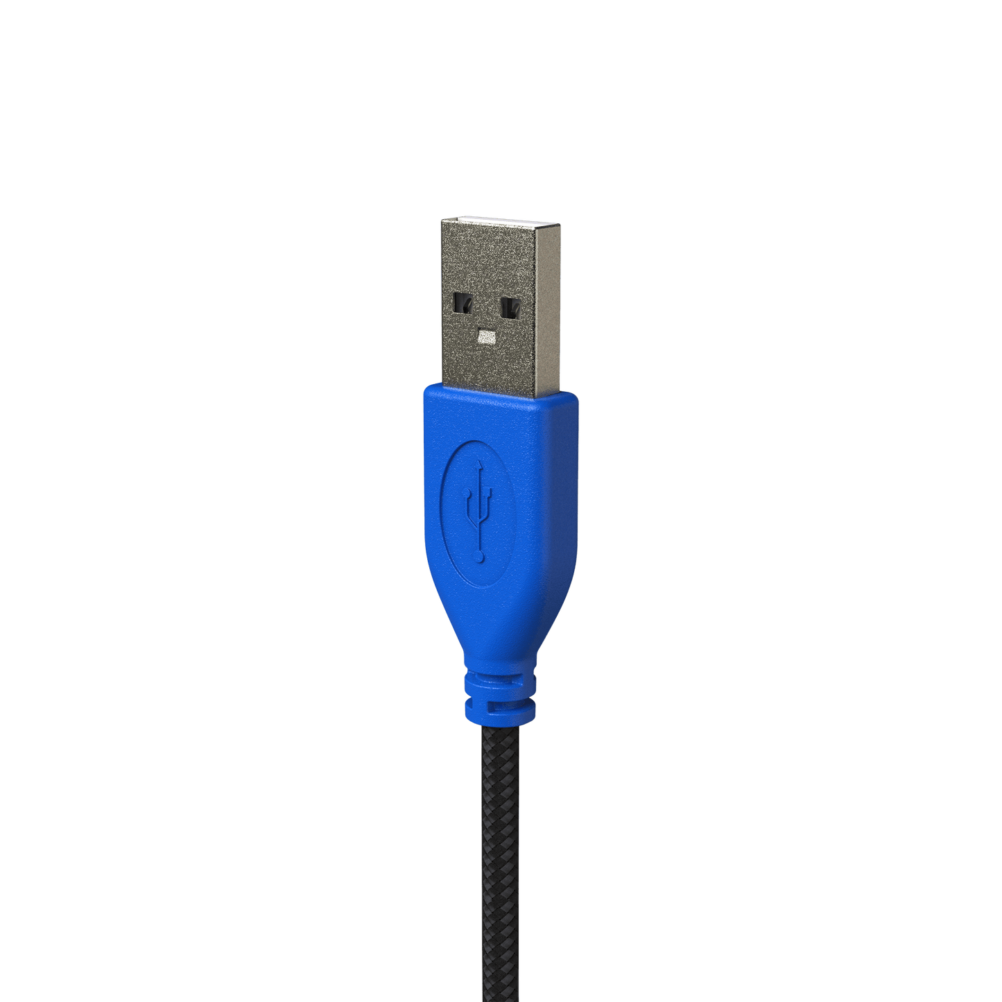 Blue USB connector end of REVO Cables with Stealth Release™ technology, featuring a durable, braided fabric design, compatible exclusively with REVO headphones and headsets.
