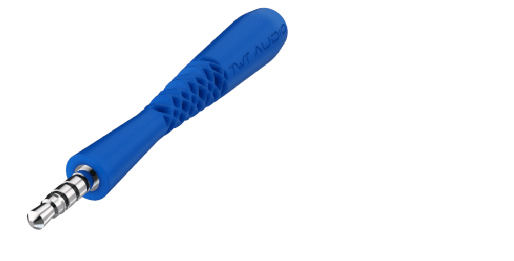 Close-up view of the TWT Audio BreakAway TRRS Adapter in blue color, showcasing its flexible design to reduce pin breakage and protect audio devices, available in a 10-Pack.