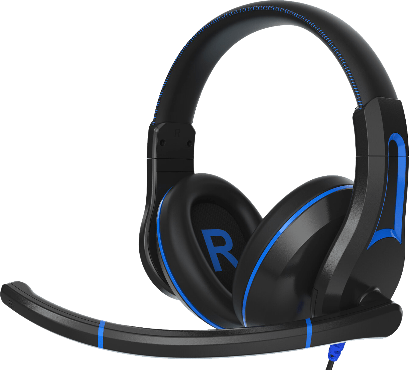 DURO Headsets by TWT Audio, over-ear model, black with blue accents, featuring flip-down noise reducing omni directional microphone boom and unique ear cup swivel technology for minimized external noise infiltration and optimal sound quality.