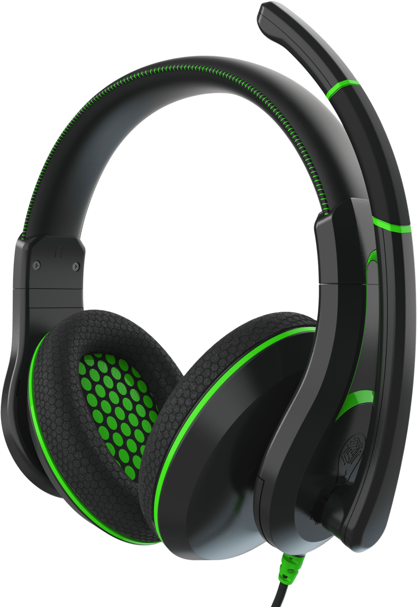 Victory 250XG Gaming Headset with TWT Audio's patented comfort-first design, moisture-wicking ear pads, green-accented ear cups, and adjustable Silicon Flex noise-reducing microphone.