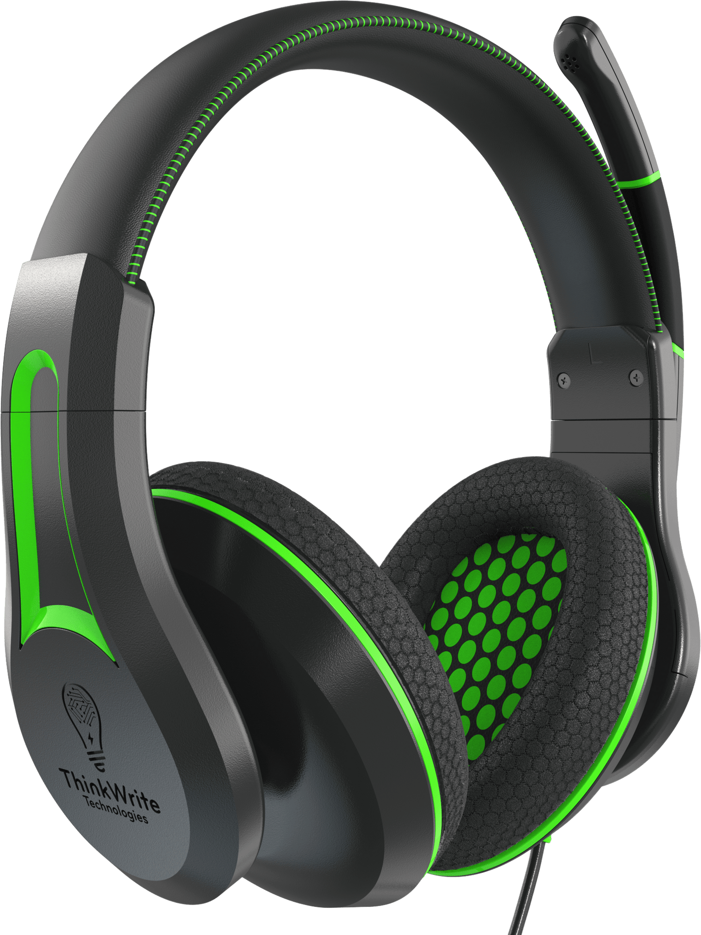 Victory 250XG Gaming Headset by ThinkWrite Technologies with green accents, moisture-wicking ear pads, and adjustable Silicon Flex microphone.