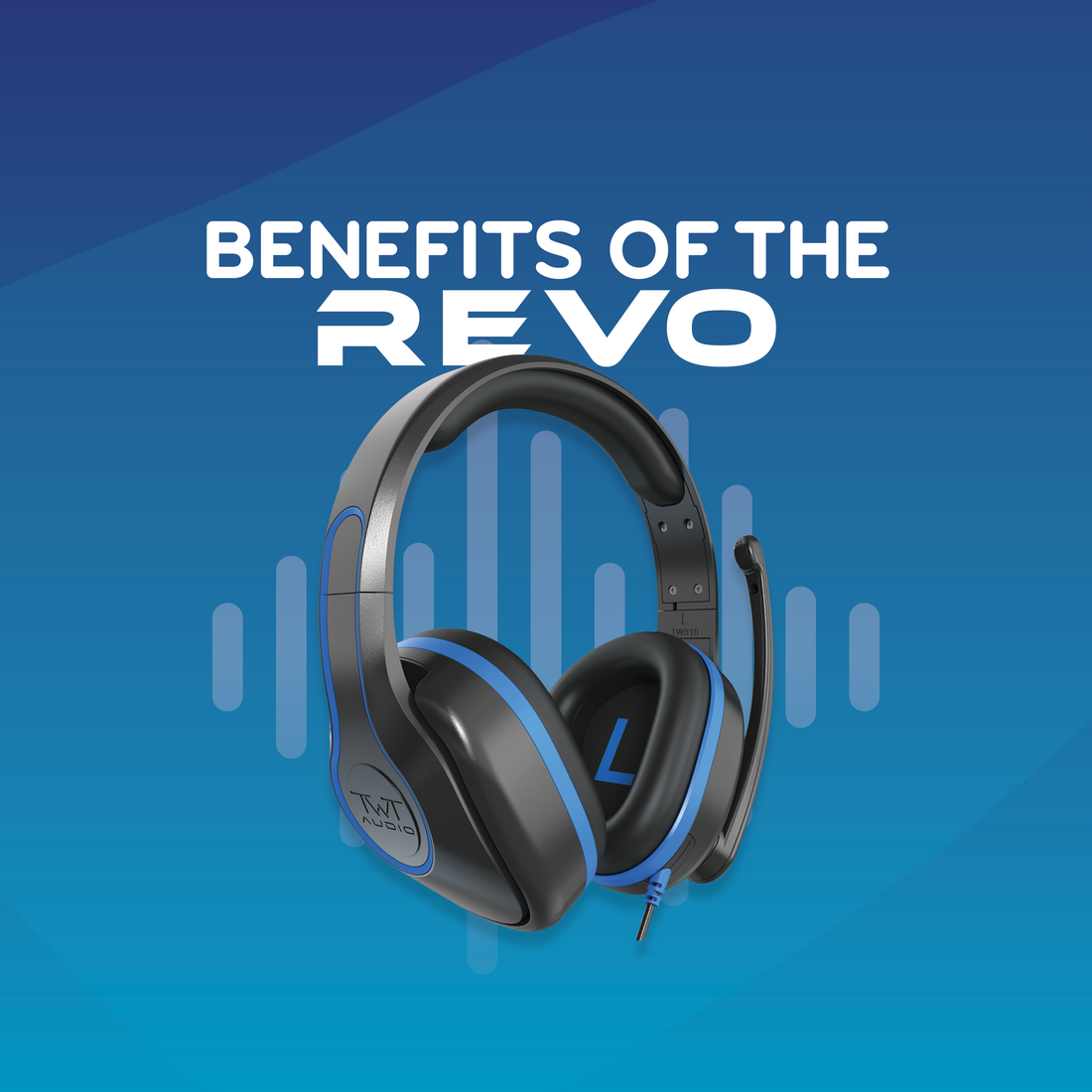 A TWT Audio TW300 REVO headset floating on a blue abstract background with the title: The benefits of the REVO