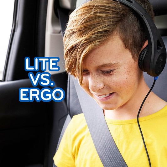 A young boy wearing TWT Audio headphones sits comfortably in a car seat, enjoying his music during a journey.