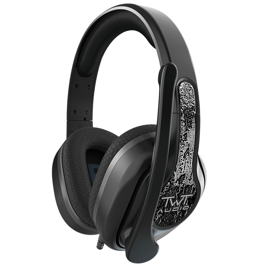 350XG Victory Gaming Headset by TWT Audio with ear cup swivel technology and memory foam cushions, featuring a noise reducing omnidirectional microphone and large 45mm drivers.