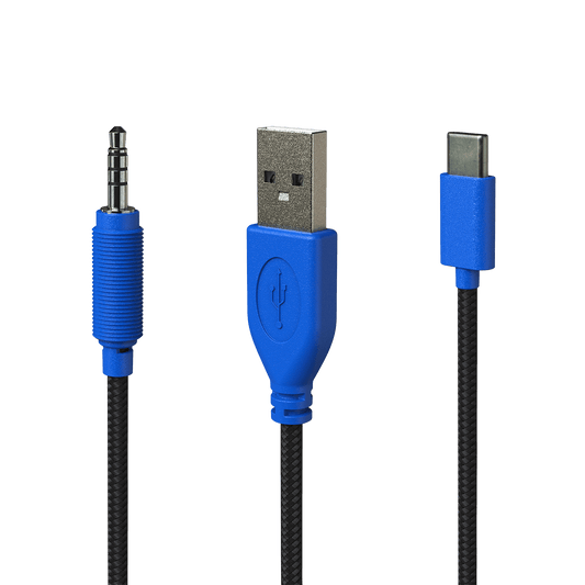 Blue modular REVO cables with Stealth Release™ technology for REVO headphones and headsets, showcasing braided fabric protection, with USB, USB-C, and audio jack connectors.