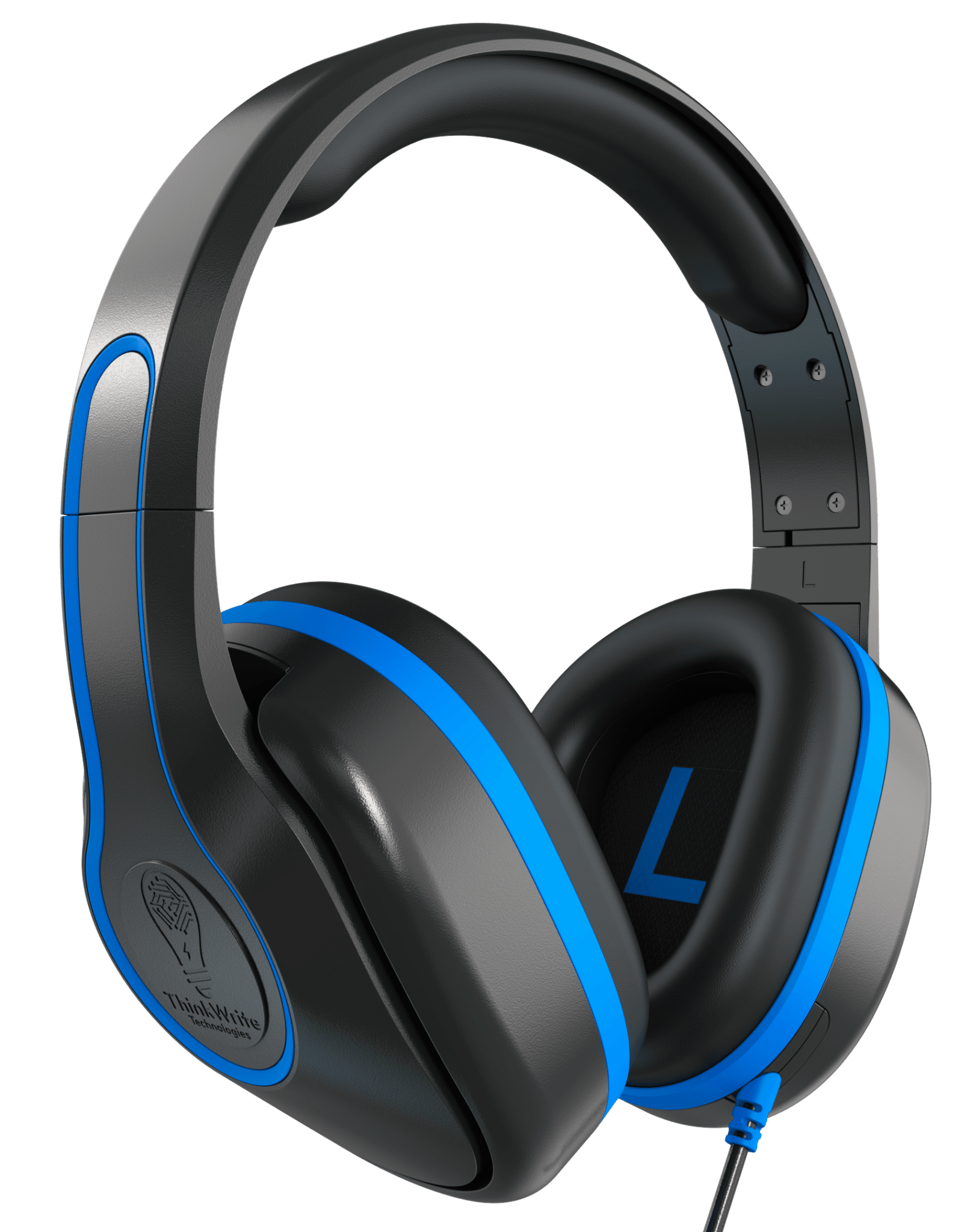 TW300 REVO Headphones with Stealth Release™ technology by ThinkWrite Technologies, featuring over-ear design, blue accents, swivel ear cups, and modular ear cushions.